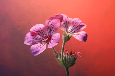Pink geranium flowers on red background with copy space for your textの素材