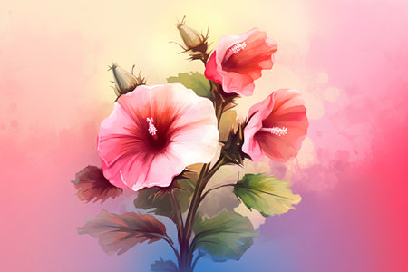 Pink hibiscus flowers on watercolor background. Vector illustration.の素材