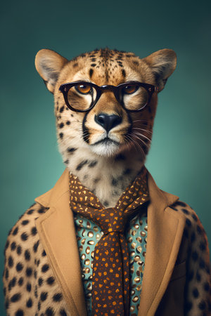 Portrait of a cheetah in glasses and a suit.の素材