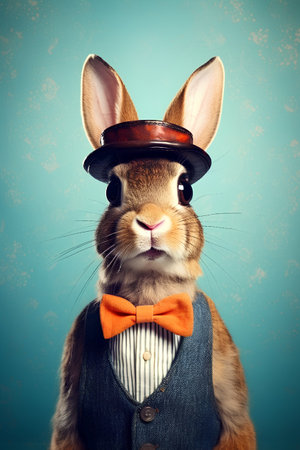 Cute rabbit with bow tie and vintage hat on blue background.の素材