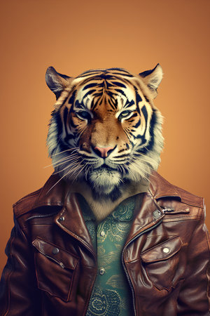 Portrait of a tiger in a leather jacket on an orange background.の素材
