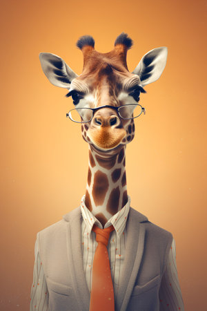 Portrait of a giraffe wearing glasses and a business suit.の素材
