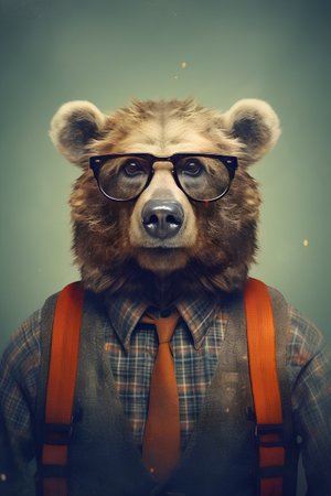 Portrait of a bear wearing glasses and a shirt with suspendersの素材