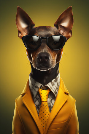 Portrait of a dog dressed in a yellow coat and sunglasses.の素材