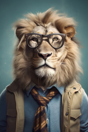 Portrait of a male lion wearing glasses and a jacket. Studio shot.の素材