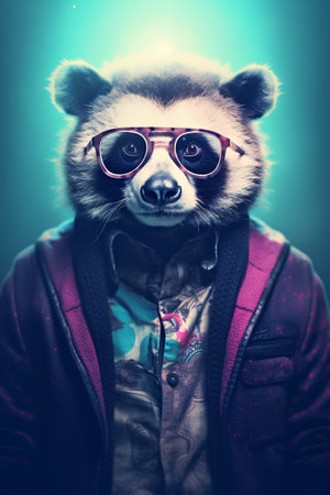 Portrait of a panda in a jacket and glasses on a blue background.の素材