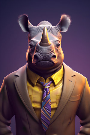 Rhino in a suit and tie. 3d render illustration.の素材
