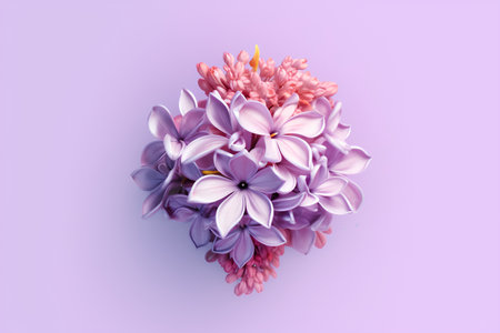 Lilac bouquet on purple background. Flat lay, top viewの素材