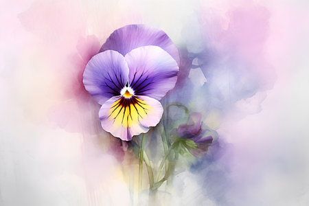 Violet pansy on watercolor background. Hand drawn illustration.の素材
