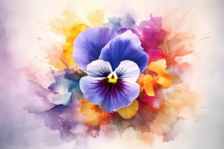 Watercolor background with pansy flowers. Hand-drawn illustration.の素材
