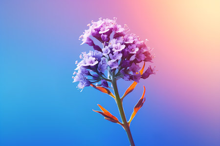 Bouquet of lilac flowers on a blue-pink background.の素材