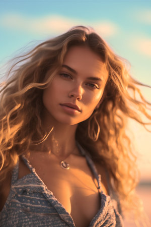 Beautiful young woman with long curly hair on the beach at sunsetの素材