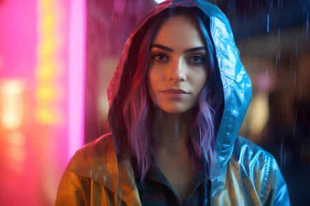 Portrait of a beautiful young woman in a raincoat with hood.の素材