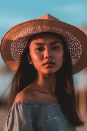 Portrait of a beautiful asian girl in hat on the beachの素材