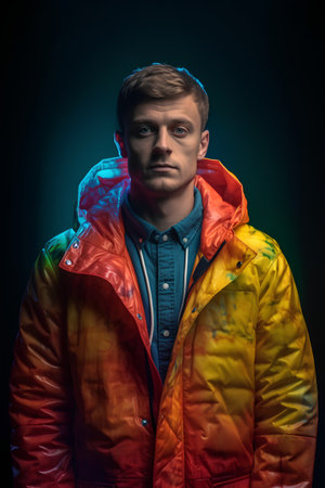 Portrait of a handsome young man in a bright jacket on a dark background.の素材