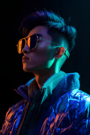 portrait of stylish young man in blue jacket and sunglasses on blackの素材