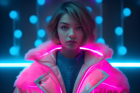 Portrait of a beautiful woman in a pink jacket with neon lightsの素材