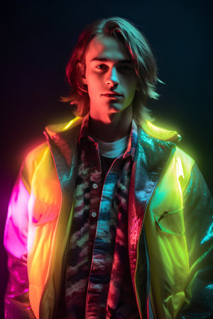Portrait of a handsome young man in colorful neon light. Men's beauty, fashion.の素材