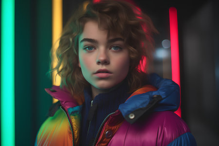 Portrait of a beautiful girl in a bright neon light. The girl is dressed in a warm coat.の素材
