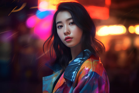 3d illustration of a beautiful asian girl in neon light.の素材