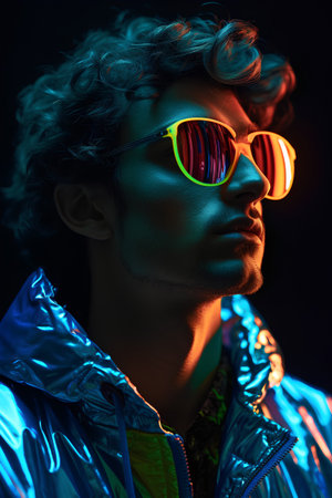 Portrait of a handsome young man with curly hair in stylish sunglasses. Men's beauty, fashion.の素材