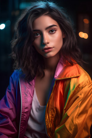 Portrait of a beautiful young brunette woman in a bright raincoat. Beauty, fashion.の素材