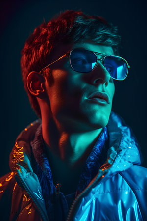 Portrait of a handsome young man in sunglasses on a dark background.の素材