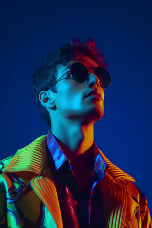 Portrait of a stylish young man in sunglasses. Men's beauty, fashion. Studio shot.の素材