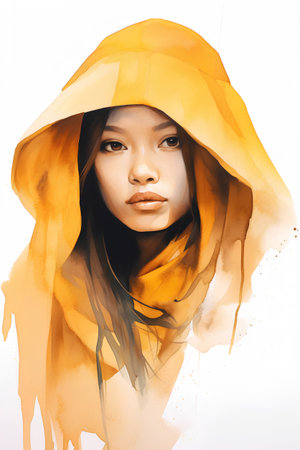 Portrait of a beautiful asian woman in a yellow raincoatの素材