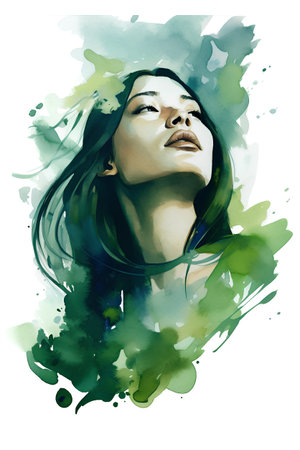 Portrait of a beautiful young woman with long black hair and green watercolor splash.の素材