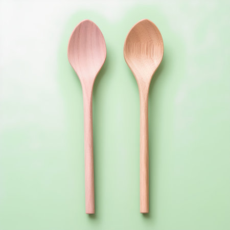 Wooden spoons on green background. Minimal food concept.の素材