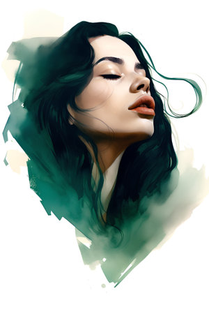 Portrait of a beautiful young woman with long black hair. Digital watercolor painting.の素材