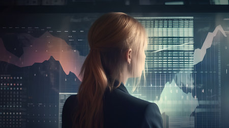 Rear view of businesswoman looking at forex chart on virtual screenの素材