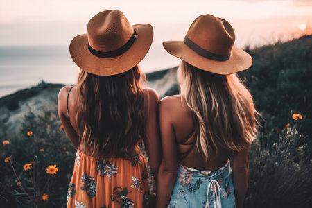 Two beautiful young women in straw hats standing on the top of a mountain and looking at the sunsetの素材