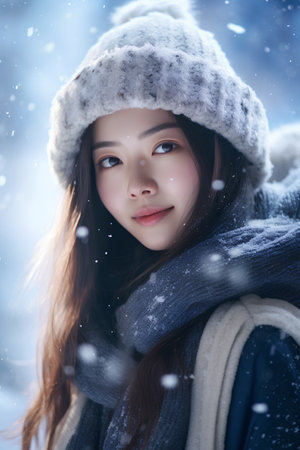 Beautiful asian woman in winter snow background, asian beautyの素材