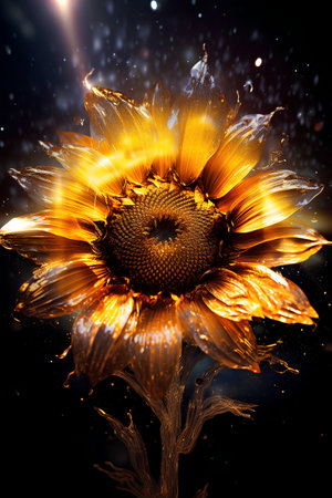 sunflower on a black background with rays of light. 3d illustrationの素材