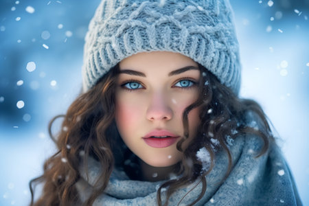 Winter portrait of beautiful young woman in a knitted hat and scarfの素材