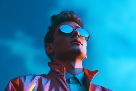Portrait of a young man in sunglasses on a blue background.の素材