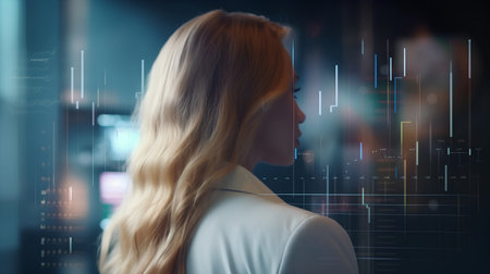 Businesswoman looking at stock market chart on virtual screen. Double exposureの素材