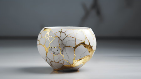 3d render of golden vase with marble pattern on gray backgroundの素材