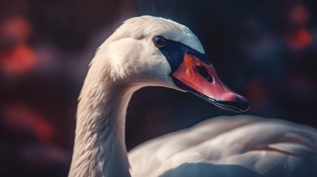 Portrait of a white swan with a red beak.の素材