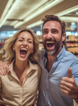Happy couple is hugging and smiling while shopping together in the supermarket.の素材