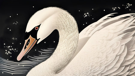 Illustration of a white swan on a black background with a patternの素材