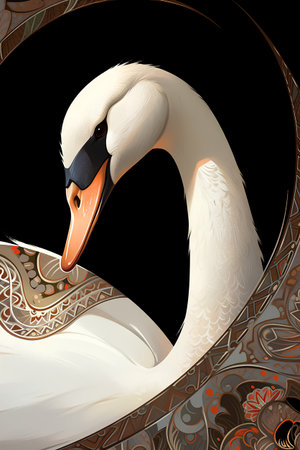 White swan isolated on black background. 3d rendering, 3d illustration.の素材
