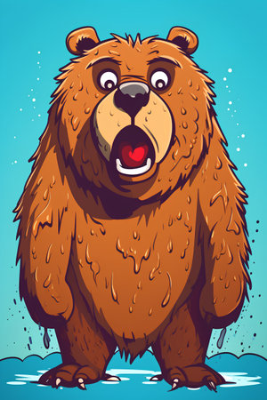 Cartoon vector illustration of a big brown bear on blue background.の素材