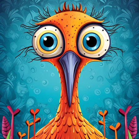 Vector illustration of Cute cartoon ostrich on a blue background.の素材