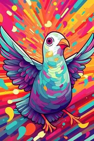 Pigeon with colorful wings. Vector illustration. Colored background.の素材