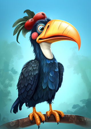 Cartoon illustration of a Cute toucan with a rooster on his headの素材