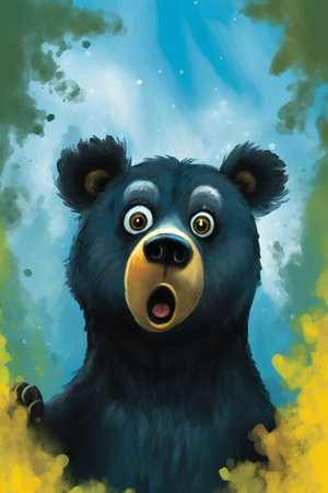 funny black bear with big eyes and mouth in watercolor styleの素材