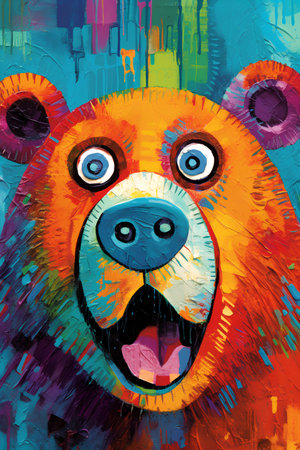Portrait of a bear with colorful eyes on a multicolored backgroundの素材